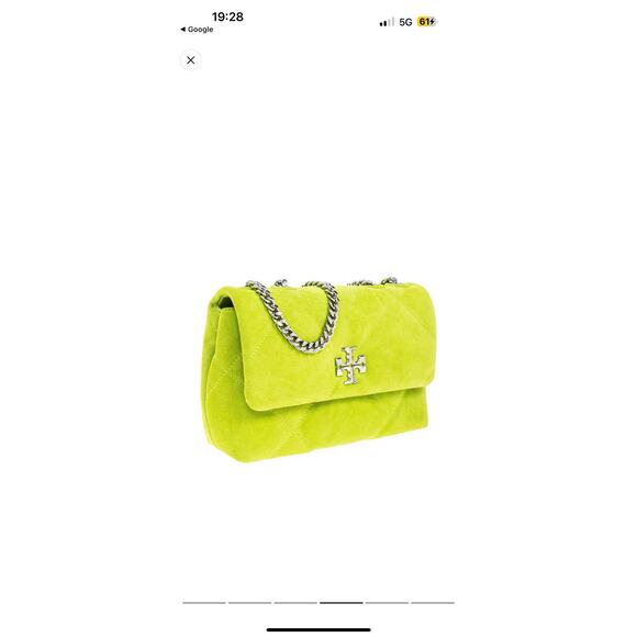Tory Burch Mini Kira Bag Yellow Green Suede Crossbody Silver Chain - Picture 3 of 13
